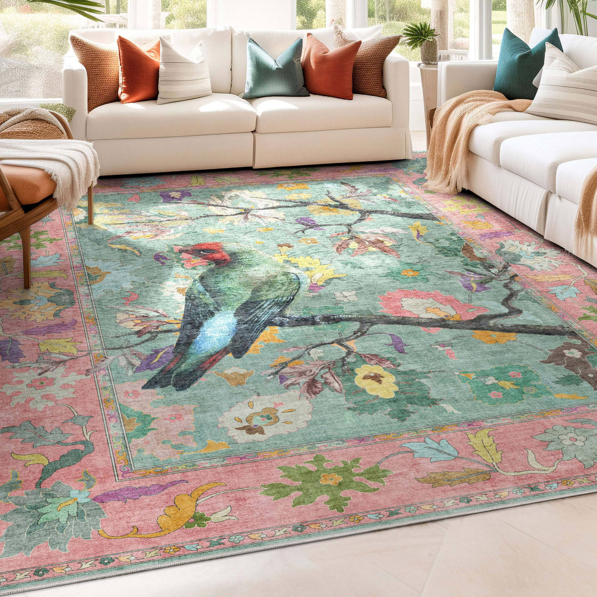 Well Woven Apollo Botanical Floral Flat - Weave Rug for Living Room Dining Room Bedroom Kitchen Birds Green Multi / Rectangular / 5'3" x 7'3"