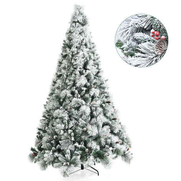 Costway CM23591 8ft Snow Flocked Artificial Christmas Tree Glitter Tips w/Pine Cone & Red Berries