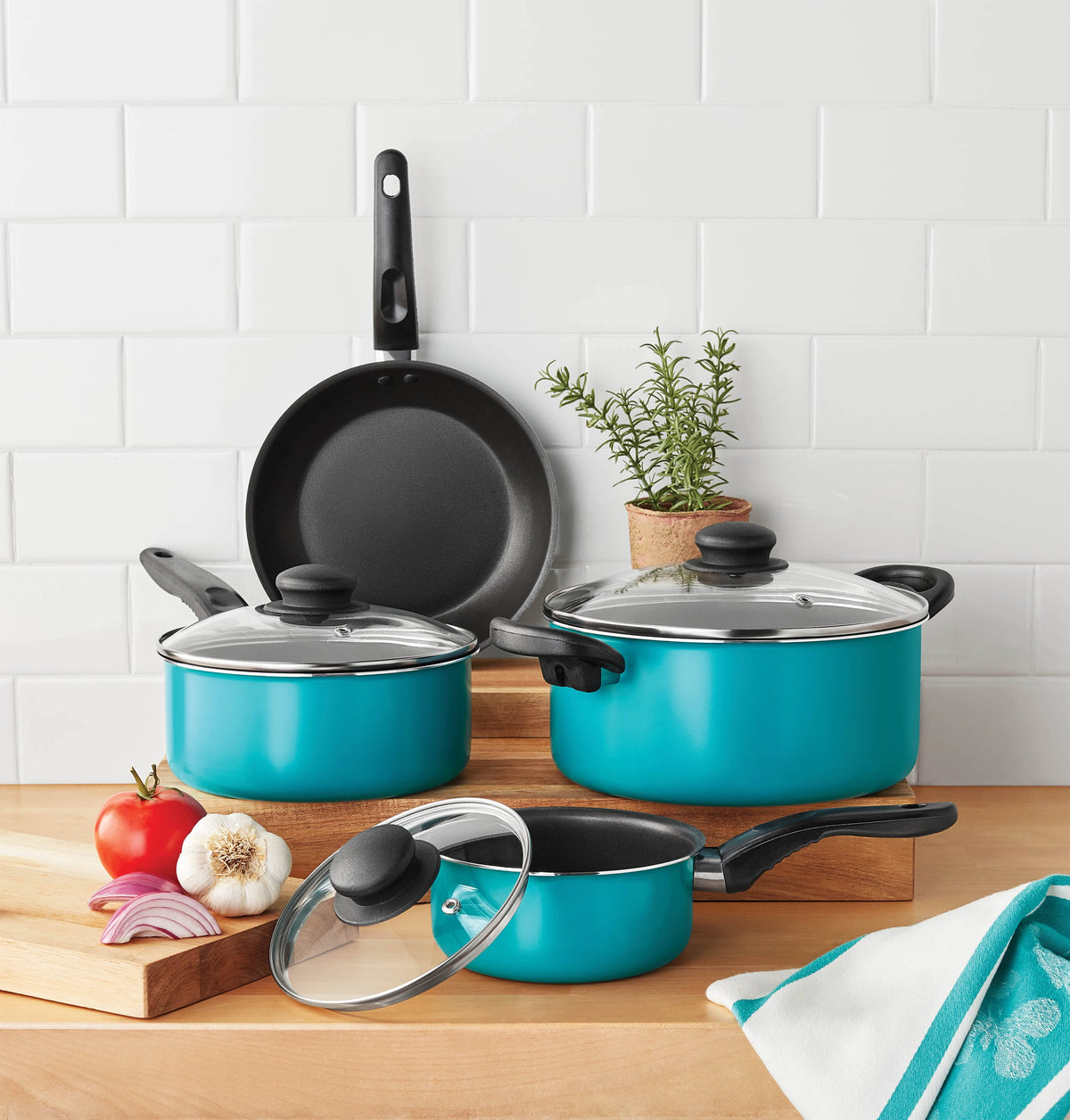 Mainstays 7 Piece Non - Stick Cookware Set Aluminum Teal, Size: Various