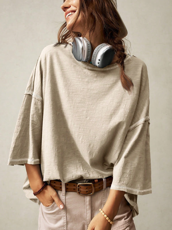 Bohemela Casual Solid Color Knit Round Neck 3/4 Sleeve Loose Washed T-Shirt Boho