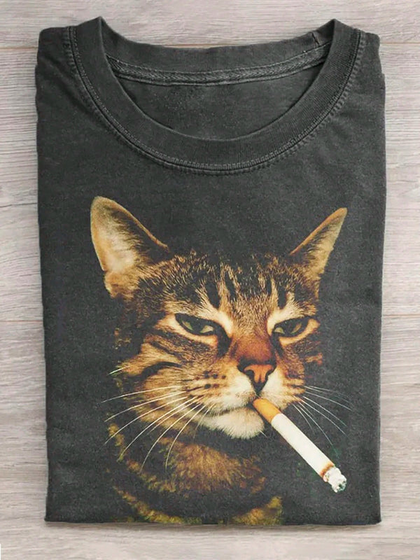 230g Washed Cat Print T-Shirt That Loves Smoking, High-Quality Wax Printed Cotton Retro Fashion Brand T-Shirt, Men's T-Shirt, Beach Must-Have, Men's Summer T-Shirt, Holiday Gift, Perfect Gift