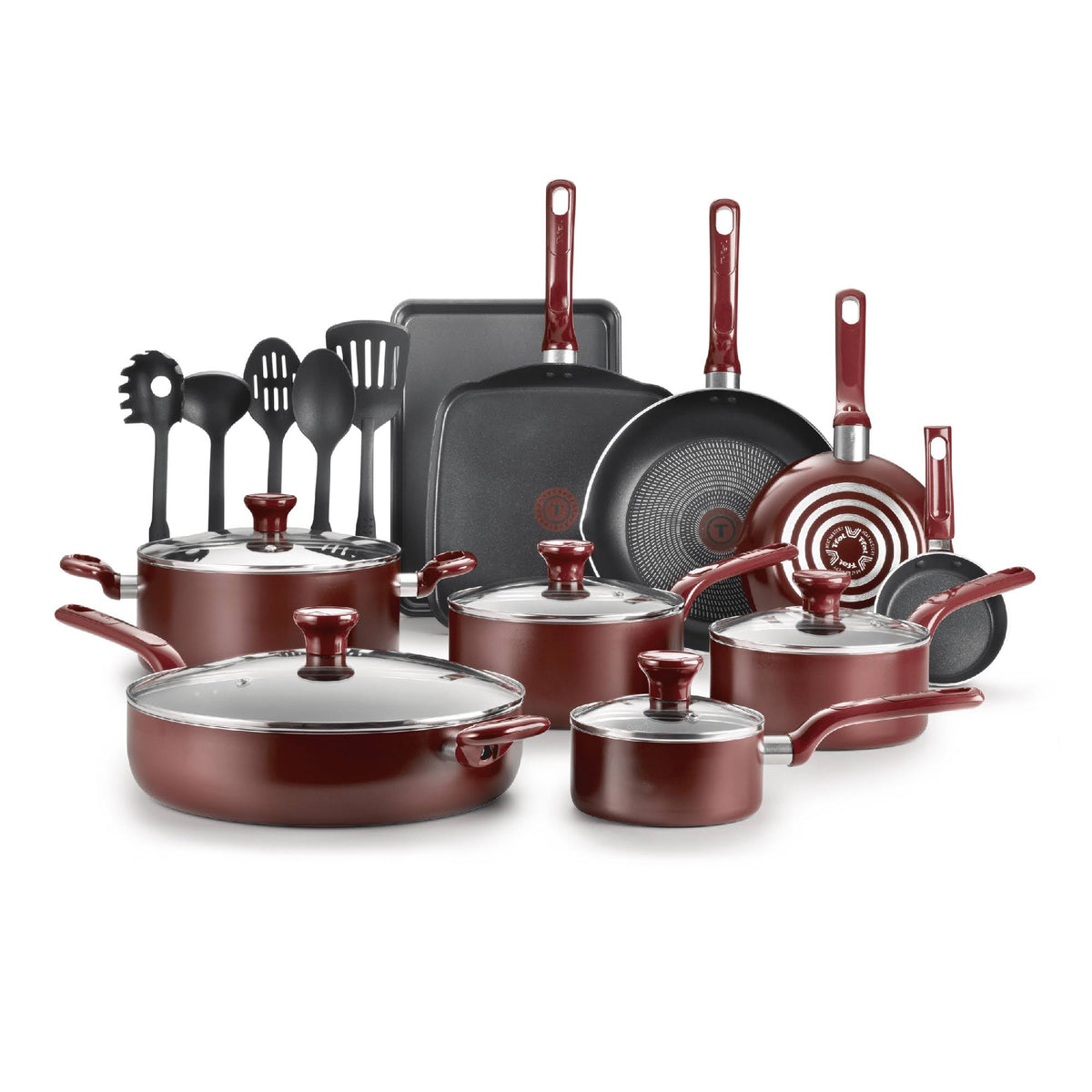 T - Fal Easy Care Nonstick Cookware, 20 Piece Set, Red, B089SKDW