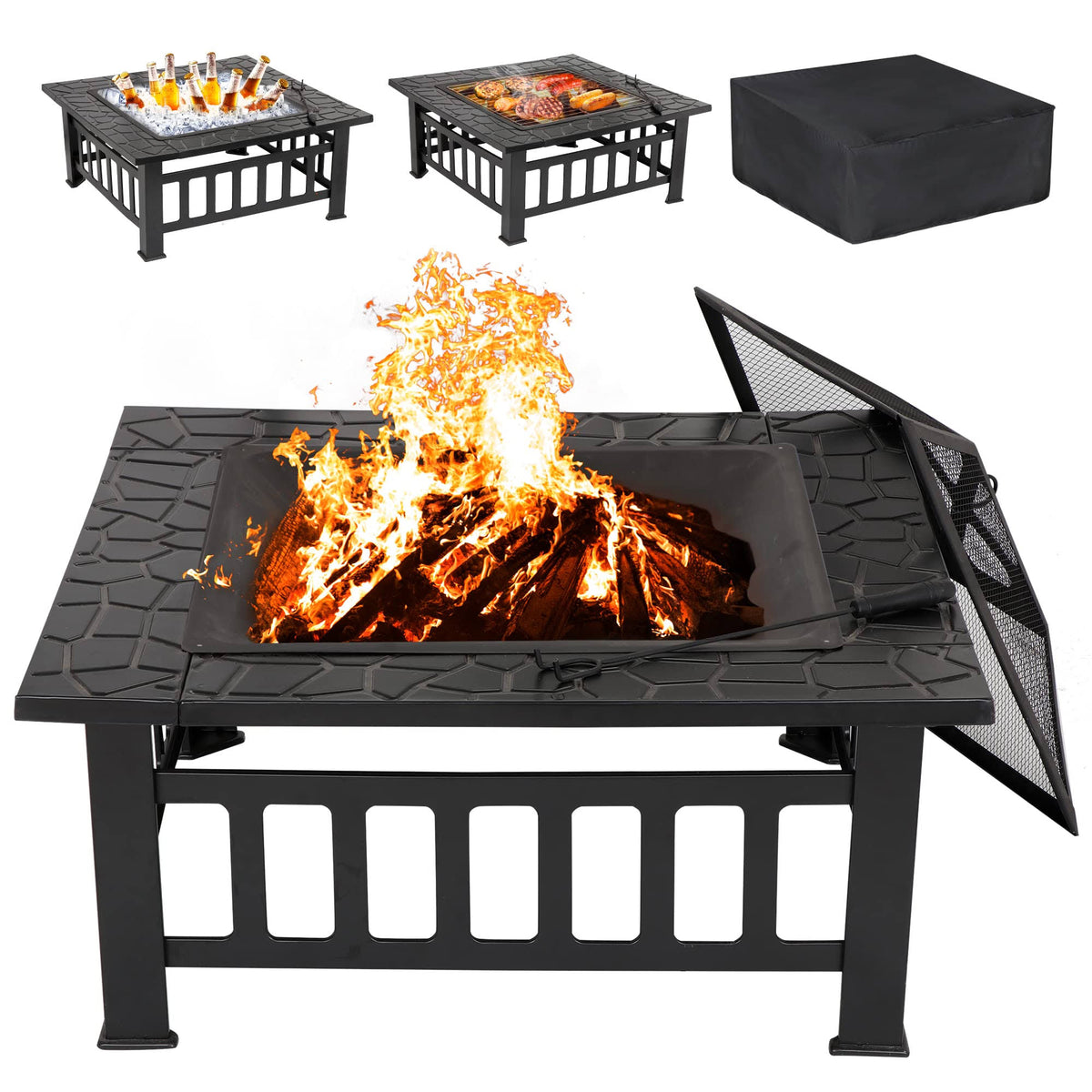 Lemy 32 inch Outdoor Square Metal Firepit Backyard Patio Garden Stove Wood Burning BBQ Fire Pit with Rain Cover, Faux - Stone Finish