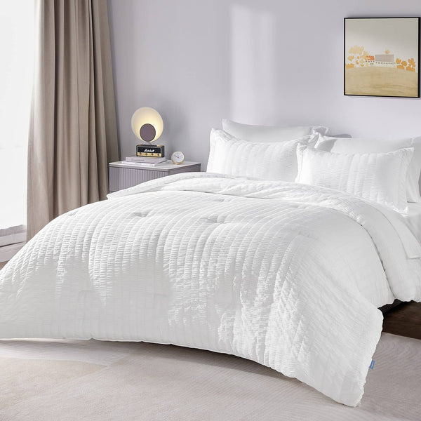 CozyLux Queen Bed in A Bag White Seersucker Comforter Set with Sheets 7 - Pieces All Season Bedding Sets with Comforter, Pillow Sham, Flat Sheet,