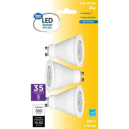 Great Value LED Light Bulb, 5W (35W Equivalent) MR16 Lamp GU10 Base, Dimmable, Soft White, 3 - Pack, Size: 3 Bulbs