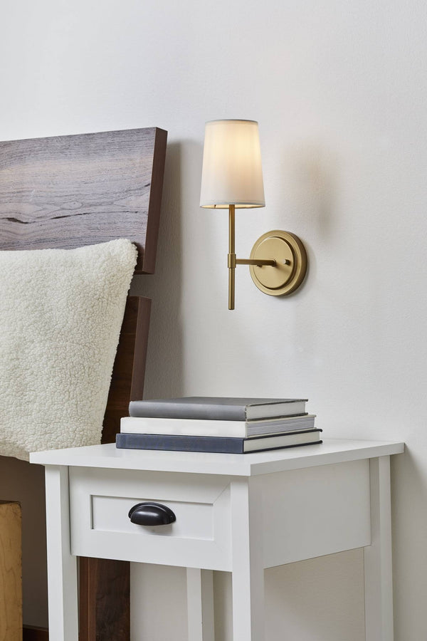 Better Homes & Gardens 1 Light Wall Sconce, Burnished Brass, White Fabric Shade, Bulb Not Included