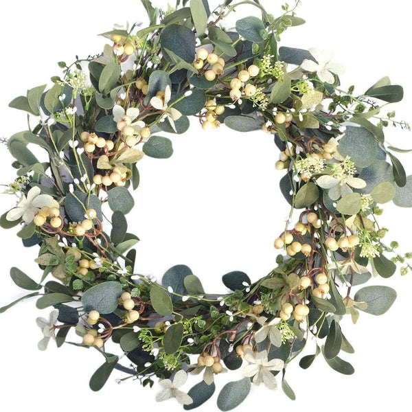 Bibelot Artificial Green Leaf Eucalyptus Wreath, Berry Wreath for Spring, Summer, Front Door Window Hanging Wall Party Decorations (20inch)