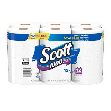 Scott Bathroom Tissue, 1000, Unscented, One - Ply - 12 rolls