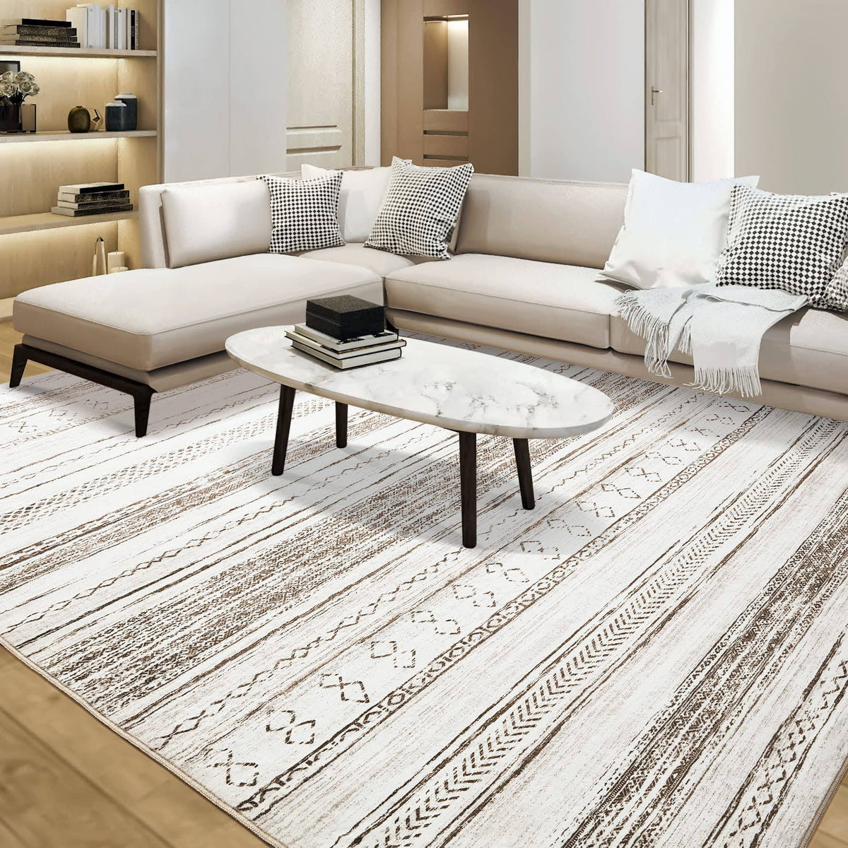 Tortania Area Rug Living Room Rugs - 5x7 Washable Large Soft Neutral Boho Moroccan Bohemian Farmhouse Rug Indoor Floor Carpet for Bedroom Under Dining