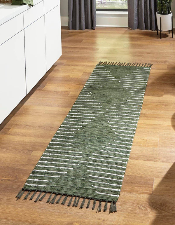 Chindi Cotton Green 6 ft Runner Area Rug - HandKnotted.com