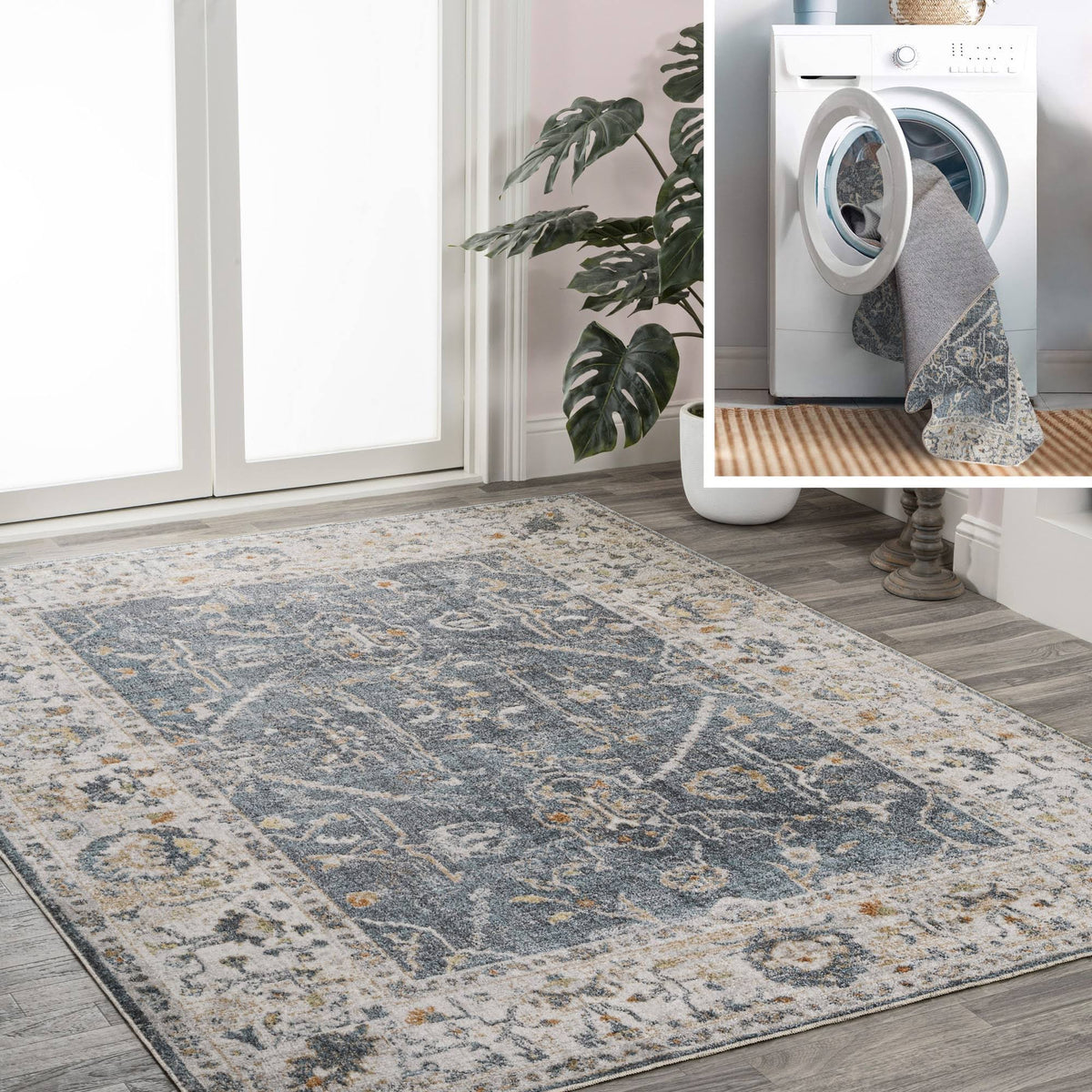 Jonathan Y Brandy Rustic Border Low - Pile Machine - Washable Dark Gray/Cream 3 ft. x 5 ft. Area Rug