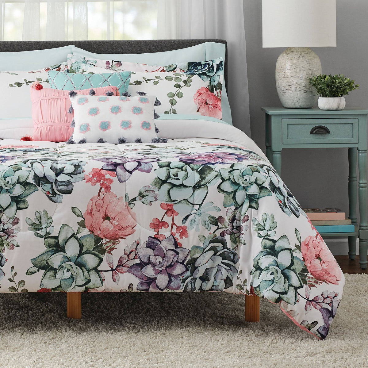 Mainstays Jade Floral 10 - Piece Bed in A Bag Bedding Set w/Bonus Sheet Set + Pillows Full