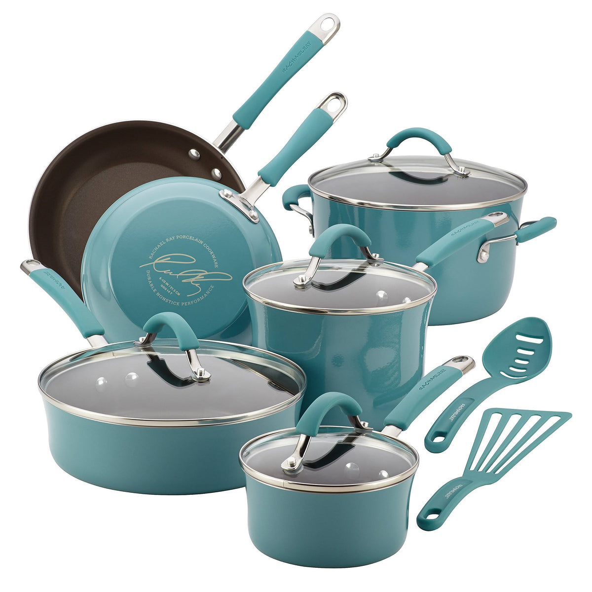 Rachael Ray 16344 Cucina Hard Enamel Nonstick 12 - Piece Cookware Set, Agave Blue