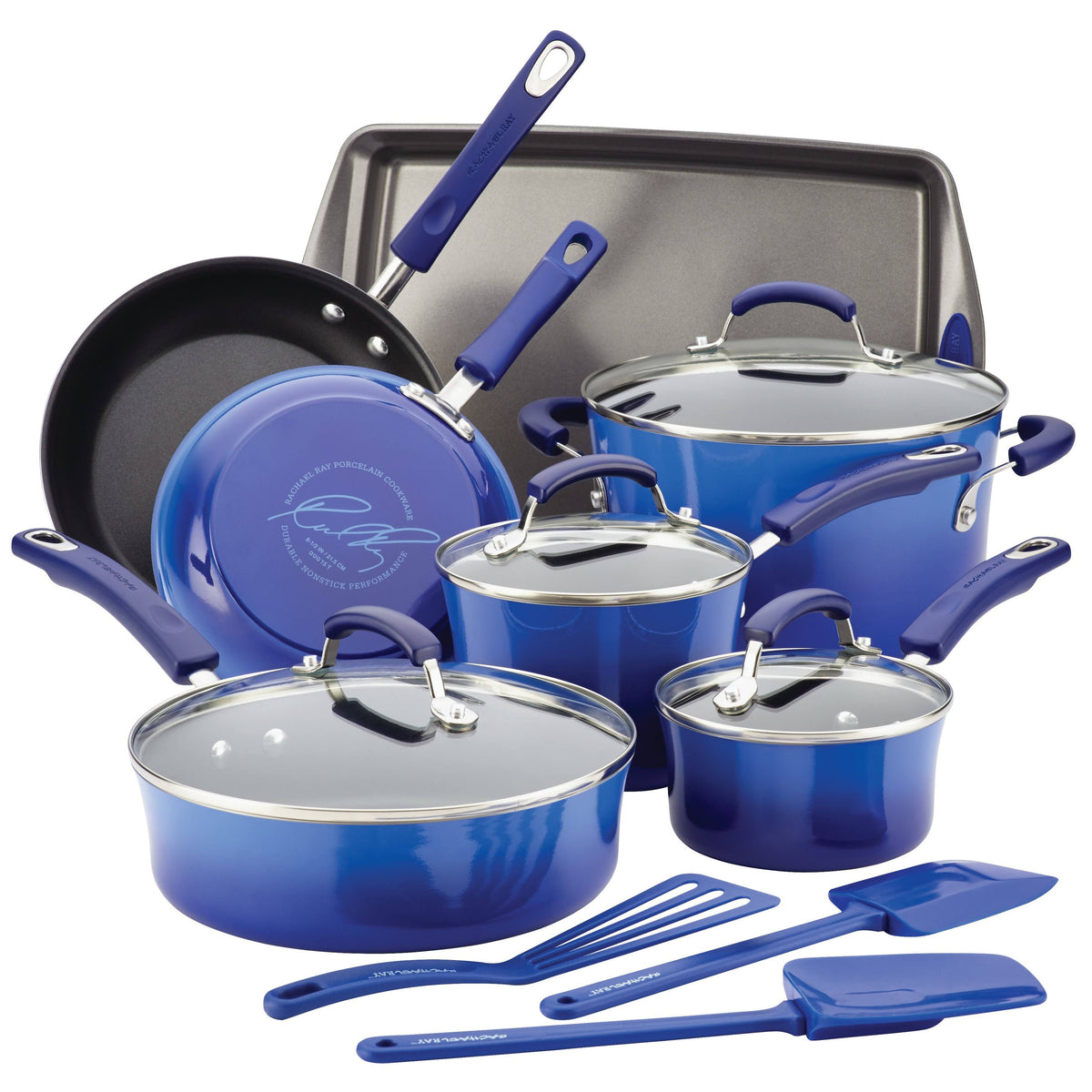 Rachael Ray Hard Porcelain Enamel Nonstick 14 - Piece Cookware Set, Blue