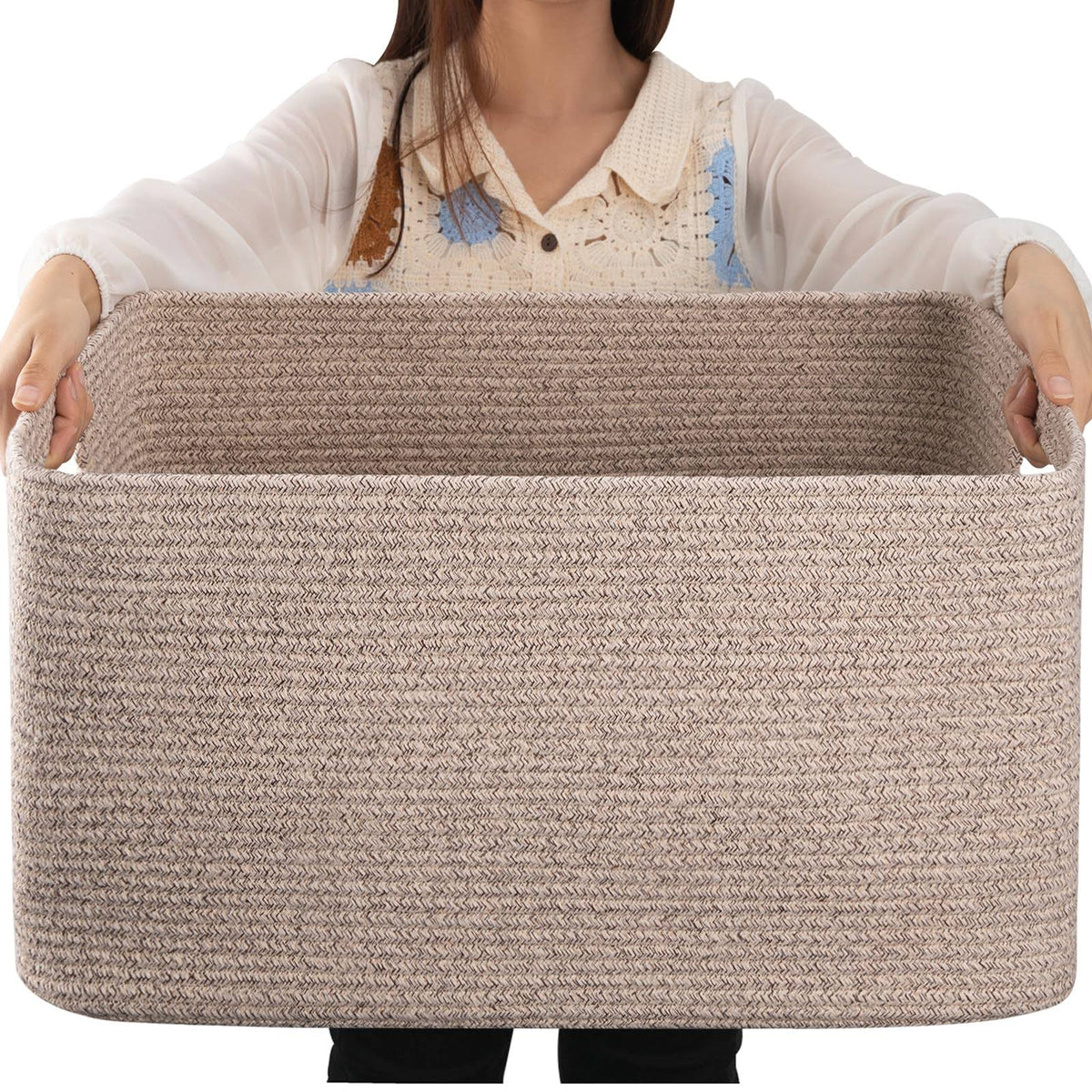 OIAHOMY 70L Large Cotton Rope Basket 22��x17��x12��, Woven Nursery Laundry Blanket Basket, Storage Basket with Handle, Brown Variegated