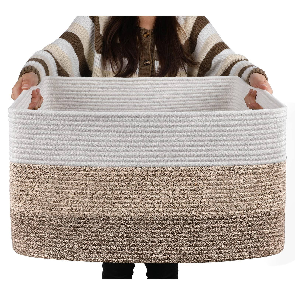 OIAHOMY Large Rectangle Blanket Basket, Woven Nursery Cotton Rope Baskets for Storage, Living Room, Toy Organizing with Handle - 2