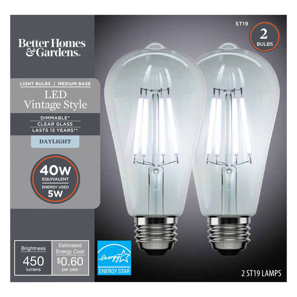 Better Homes & Gardens LED Vintage Style Light Bulb, ST19 40 Watts Daylight Classic Filament, Medium Base, Dimmable - 2 Pk 41547