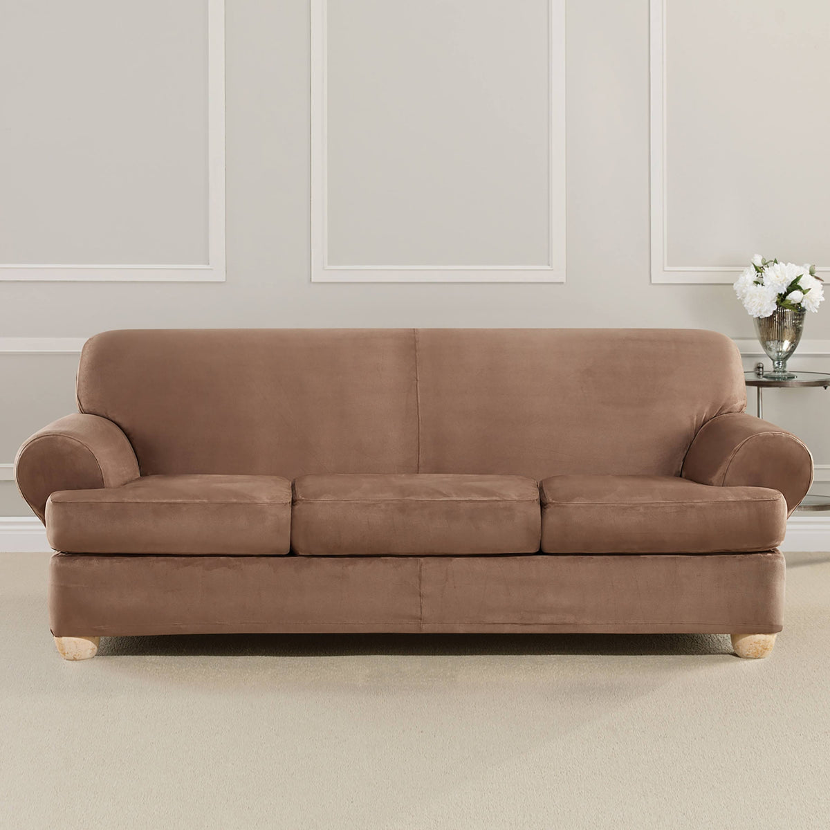 Sure Fit Ultimate Stretch Suede 4 - Piece T - Sofa Slipcover, Luggage Brown