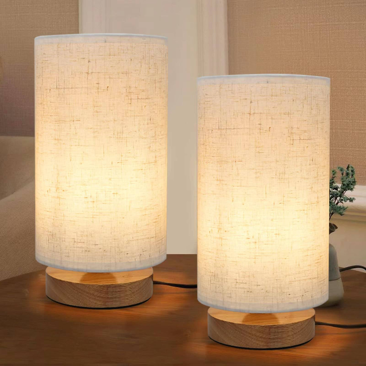 Table Lamps for Bedrooms Set of 2, Minimalist Bedside Lamps Set of 2 with Round Fabric Linen Shade, Reading Small Desk Lamp Set of 2 for Kids Room