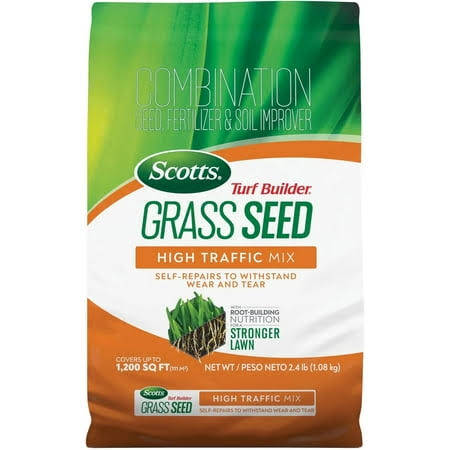 Scotts Turf Builder Grass Seed High Traffic Mix Self - Repairs to Withstand Wear and Tear with Root - Building Nutrition, 2.4 lb.