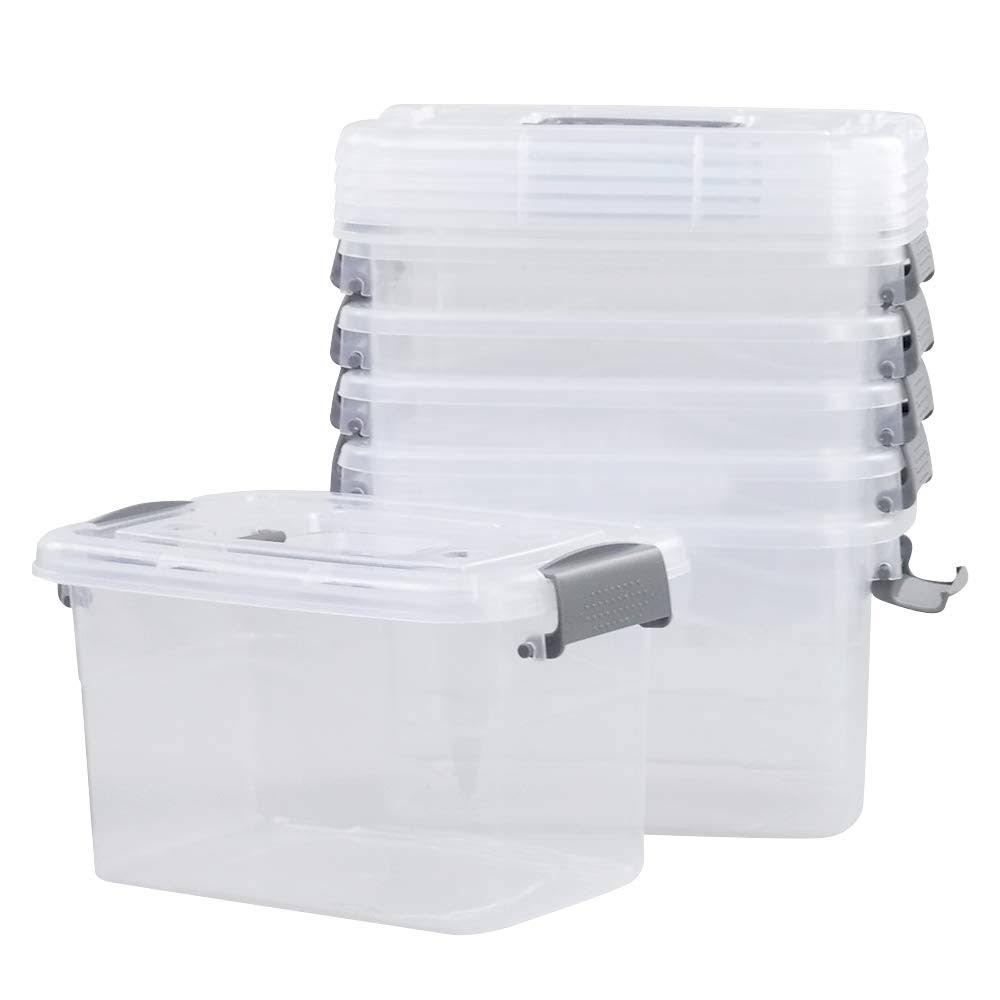 Minekkyes 6 - Pack Home Storage Bins, Plastic Container, Latching Box with Handle (Grey Handle)