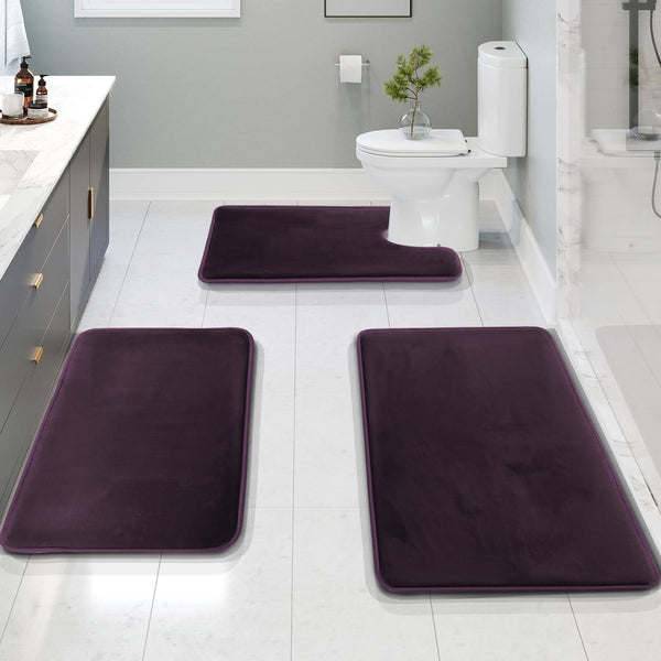 Clara Clark Non Slip Memory Foam Tub - Shower Bath Rug Set, Dark Purple, Pack of 3