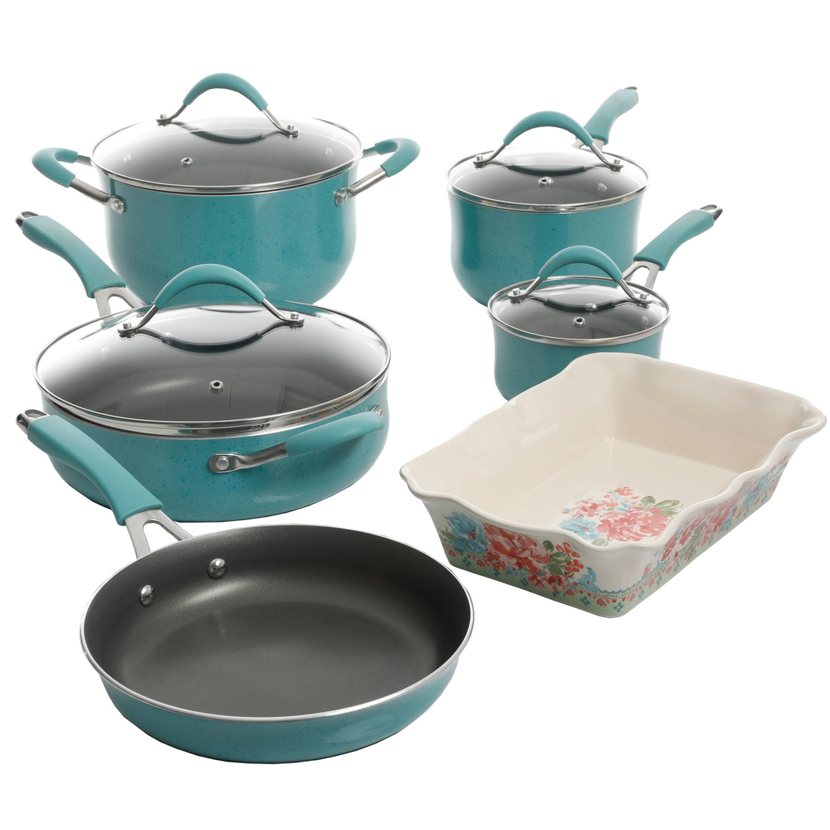 The Pioneer Woman Frontier Speckle Aluminum 10 - Piece Cookware Set, Turquoise