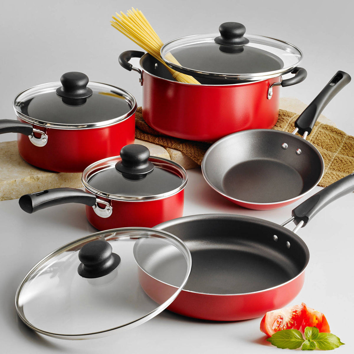 Tramontina 9 - Piece Simple Cooking Nonstick Cookware Set, Black/Red
