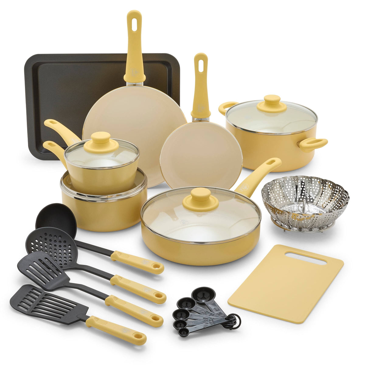 GreenLife 18 - Piece Soft Grip Toxin - Free Healthy Ceramic Non - Stick Cookware Set, Yellow, Dishwasher Safe