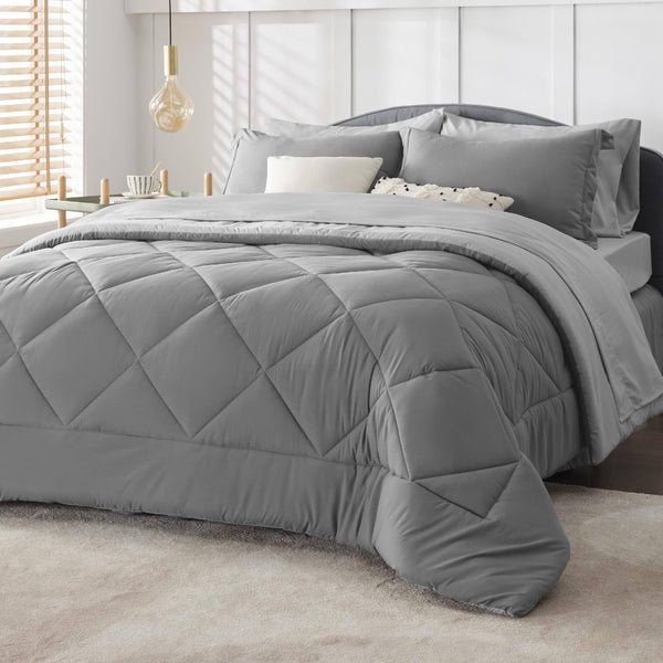 Bedsure Queen Comforter Set - 8 Pieces Reversible Bed Set Bed in A Bag Queen with Comforters Sheets Pillowcases & Shams Grey Queen Bedding Sets