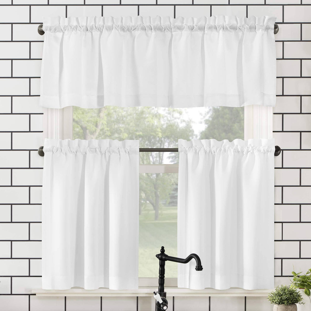 No. 918 Martine Microfiber Semi - Sheer Rod Pocket Kitchen Curtain Valance and Tiers Set - White - 54" x 24"