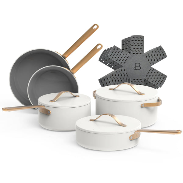 Beautiful 12pc Ceramic Non - Stick Cookware Set, White Icing by Drew Barrymore