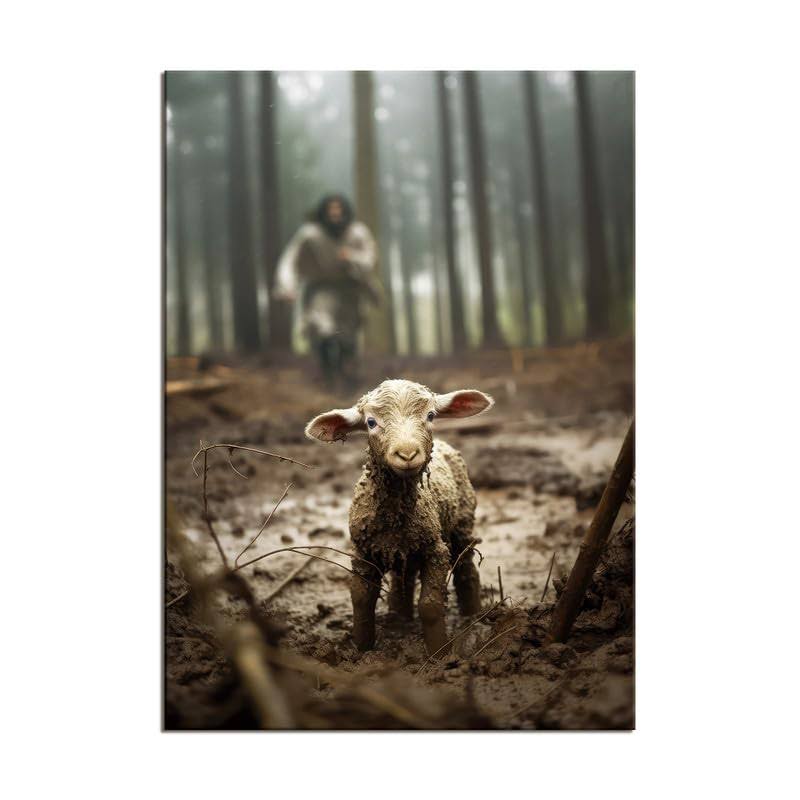 Onstthm Jesus Saving The Lost Lamb Canvas Wall Art Christian Wall Decor HD Print Wall Art for Living Room Bedroom Decoration, 12x16.5inch Unframed