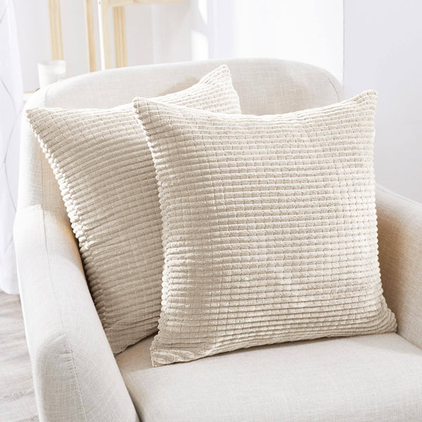 Deconovo Corduroy Style Throw Pillow Covers in Cream, 16x16inch, Cushion Cover Machine Washable with Stripe Pattern for Bedroom Living Room, Set of 2