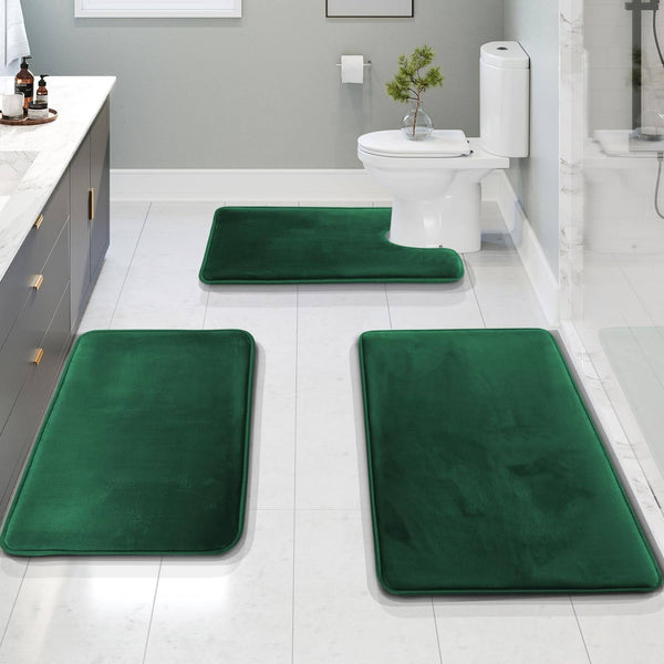 Clara Clark 3 Piece Ultra Soft Non - Slip Plush Memory Foam Bath Rug Set - Small, Large & Contour - Hunter Green