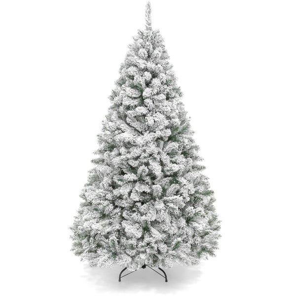 Best Choice Products Snow Flocked Hinged Artificial Christmas Pine Tree with Metal Stand, White/Green, 6'