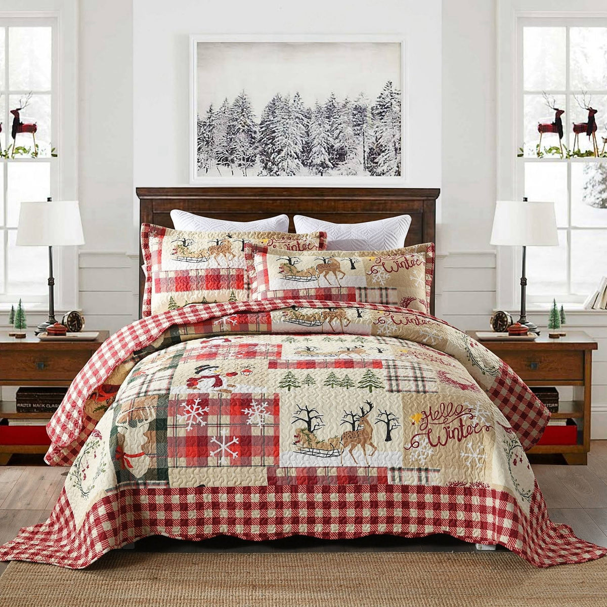 Plaid Patchwork Christmas Quilt Bedding Set Queen, Red